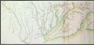 Ogólna mapa obozów i przemarszów armii w Ameryce na rozkaz Rochambeau, fragment po lewej stronie, z Guerre de lAmerique, ok. 1780-81 grawerowanie barwne patrz także 440787